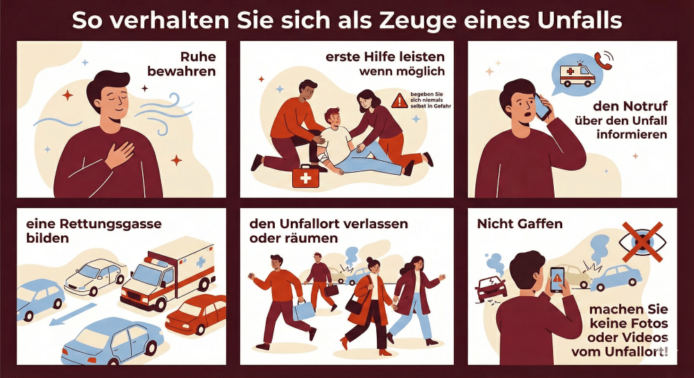 Diese Infografik zeigt, wie Sie sich als Zeuge eines Unfalls richtig verhalten.