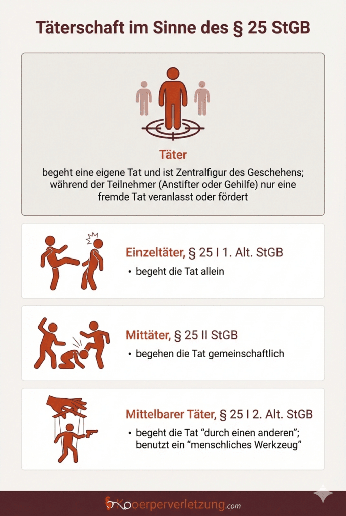Die Infografik verdeutlicht die Unterschiede zwischen Einzel- und Mittäterschaft sowie mittelbarer Täterschaft.